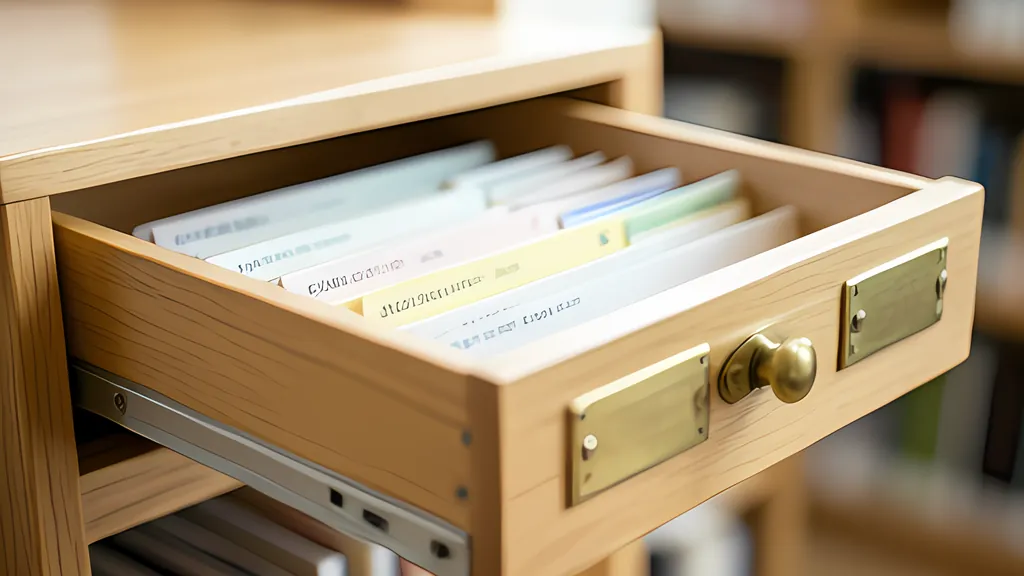 An open oak card catalog drawer holding rows of pastel index cards, with a brass knob and two brass label holders on its front and library shelves blurred behind