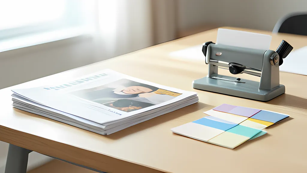 A wooden table by a bright window holding a stack of printed flyers, a small gray paper trimmer and a fan of pastel color swatch cards.