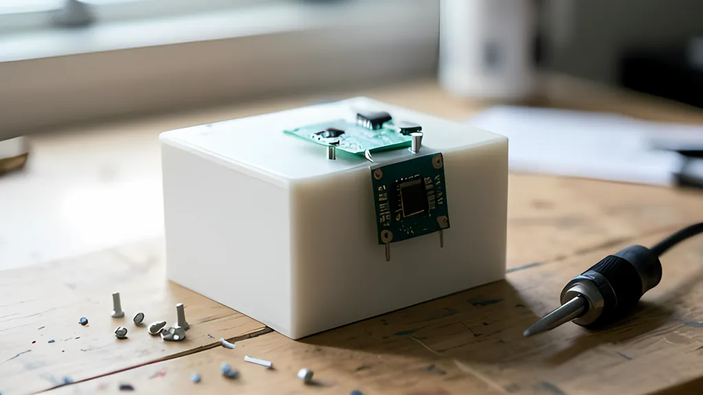 A white printed plastic box on a wooden workbench with a small green circuit board resting on it, loose screws to the left and a soldering iron to the right