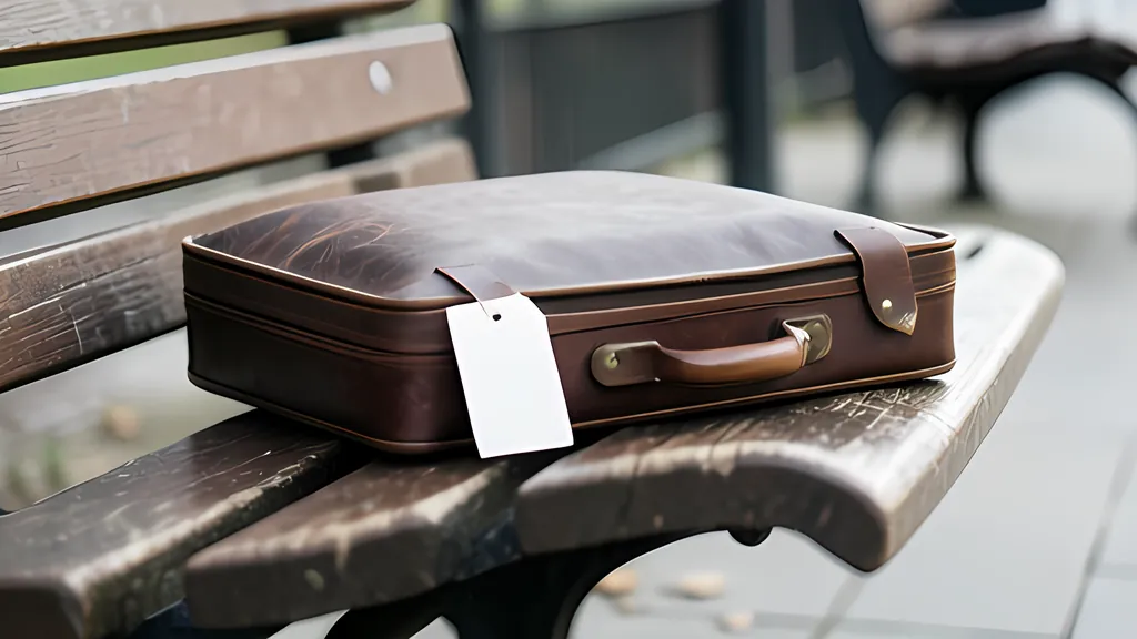 A suitcase on a station bench with a paper luggage tag partly tucked into a leather cover, so that only the top of the tag can be seen.