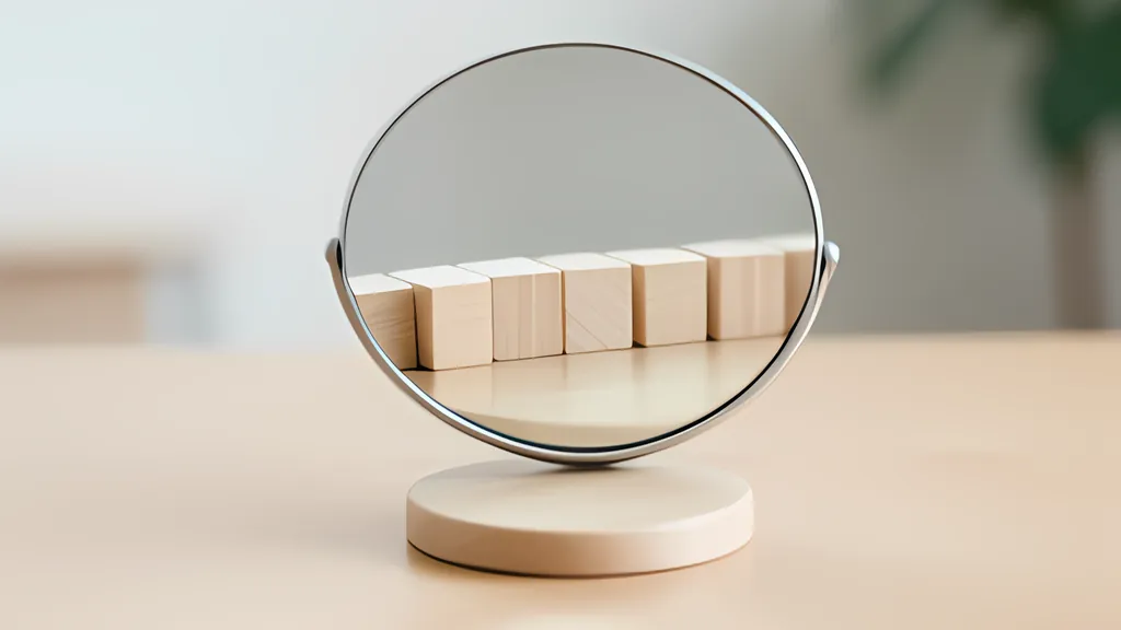A small round mirror on a stand on a desk reflecting a row of plain wooden blocks, so that the row appears in the opposite order.