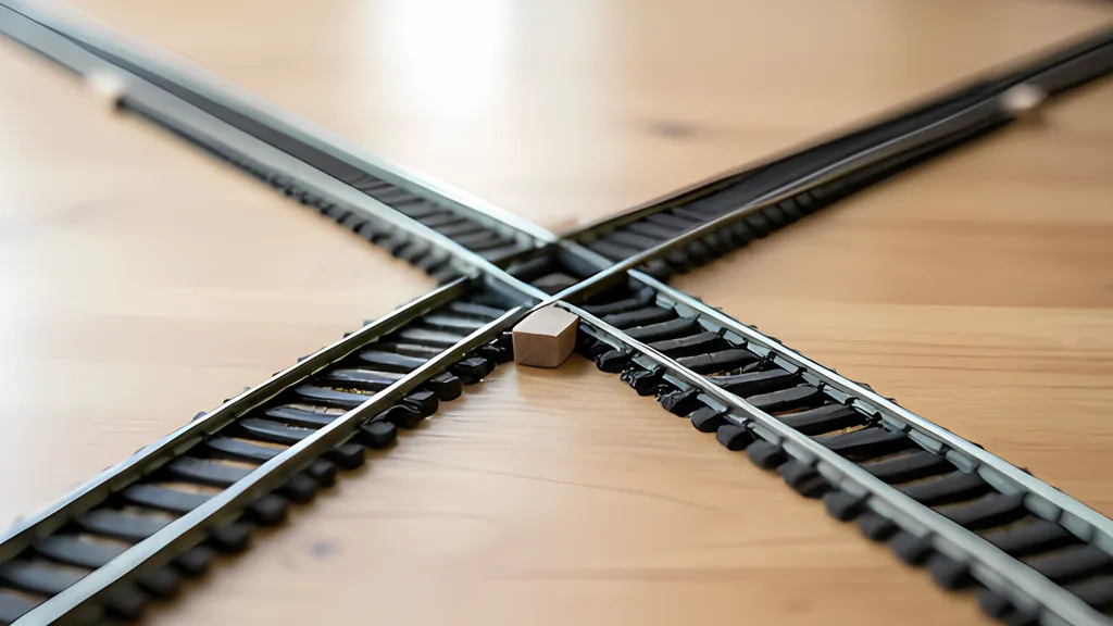 Two parallel model railway tracks on a wooden table that join into a single track at a junction, with small wooden blocks on each track and no people.