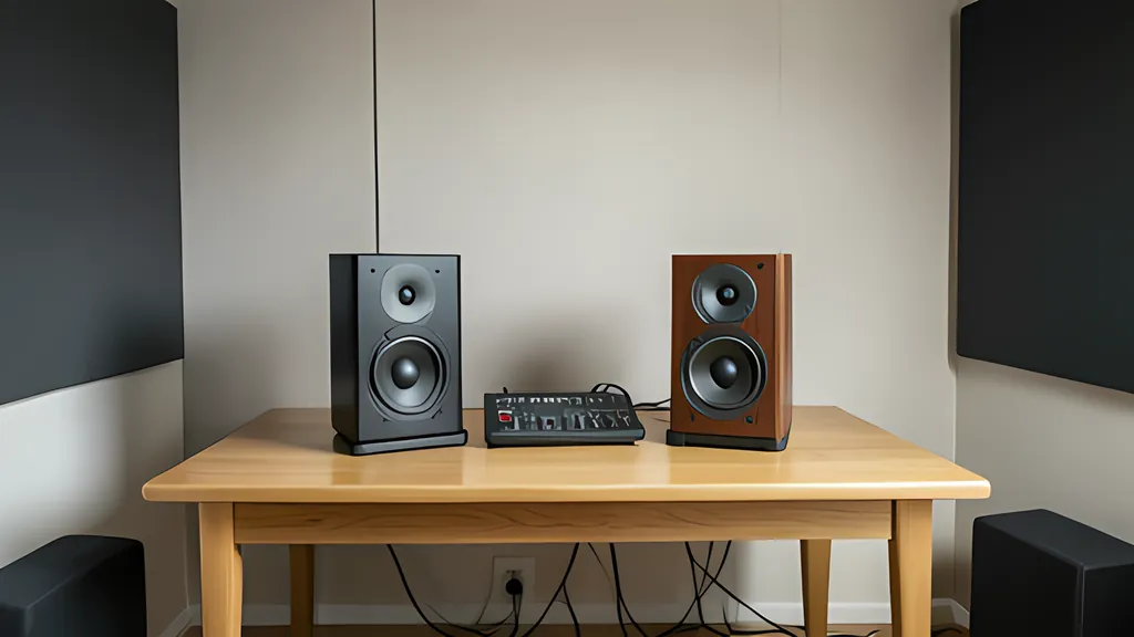 Two studio speakers and a small mixer on a wooden desk, with dark acoustic panels on the side walls and bass traps on the floor in both corners.