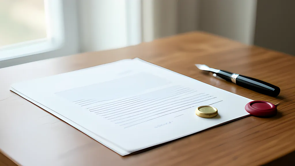 A printed document on a wooden desk with a brass seal and a red wax seal at its lower corner and a black fountain pen beside it, in soft window light.
