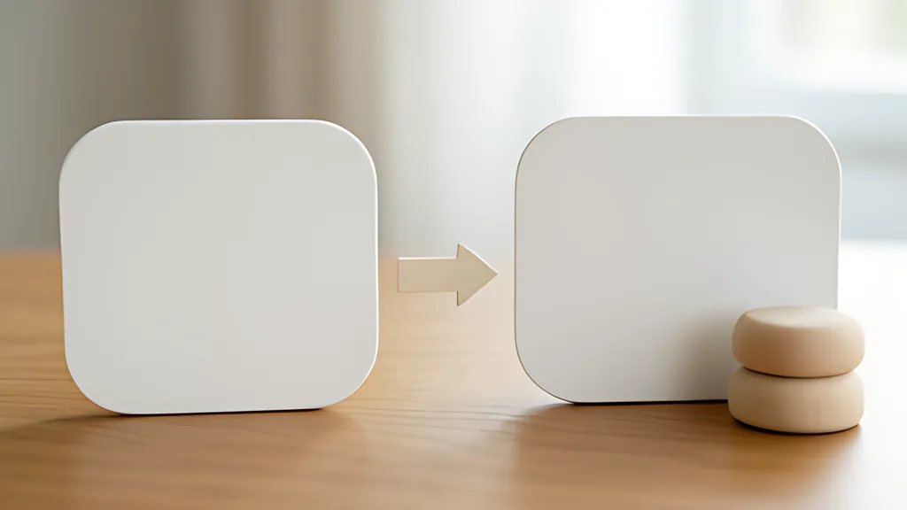 Two blank rounded white panels on a wooden desk with a soft arrow between them and a small stack of two rounded wooden blocks