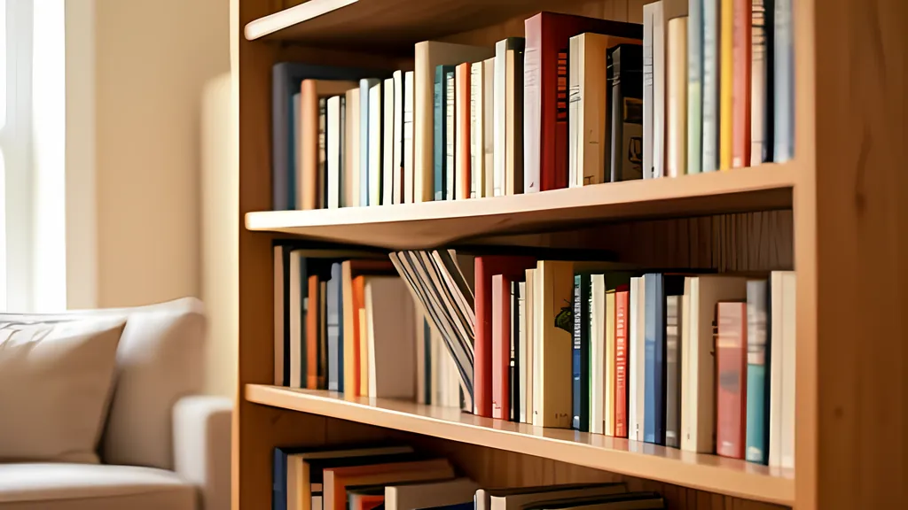 A wooden bookcase with three shelves packed with books in warm window light, beside a pale sofa in a living room.