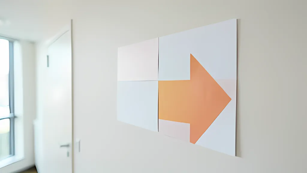 A large orange arrow sign made of four printed paper sheets joined edge to edge on a white corridor wall, with a door and a window to the left.