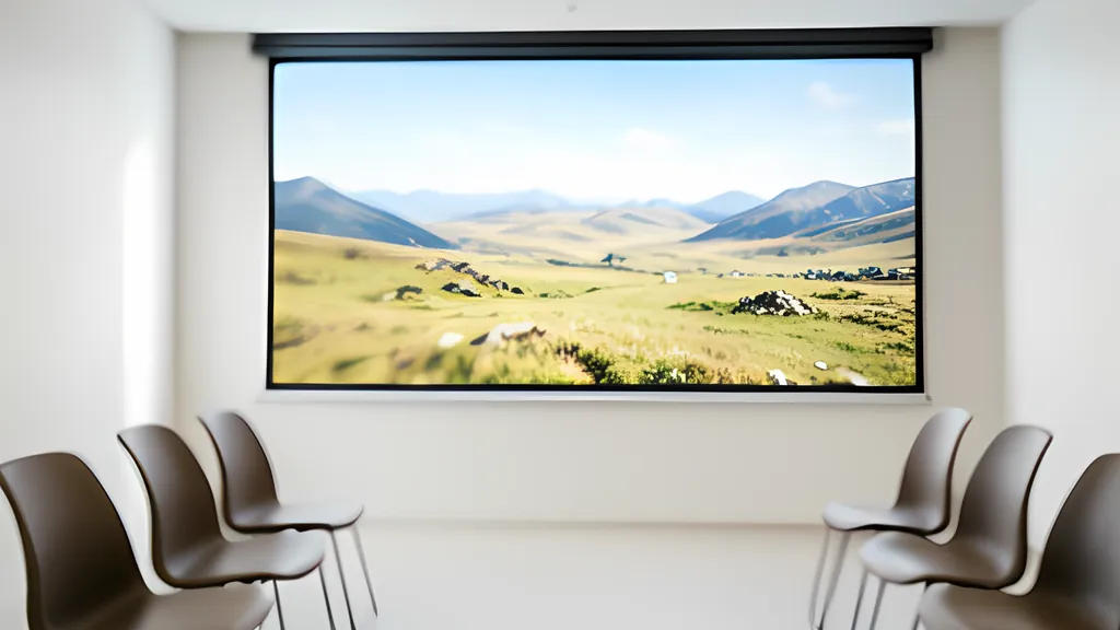 A white meeting room with a projection screen filled edge to edge by a photograph of green hills and distant mountains, and empty brown chairs on both sides.