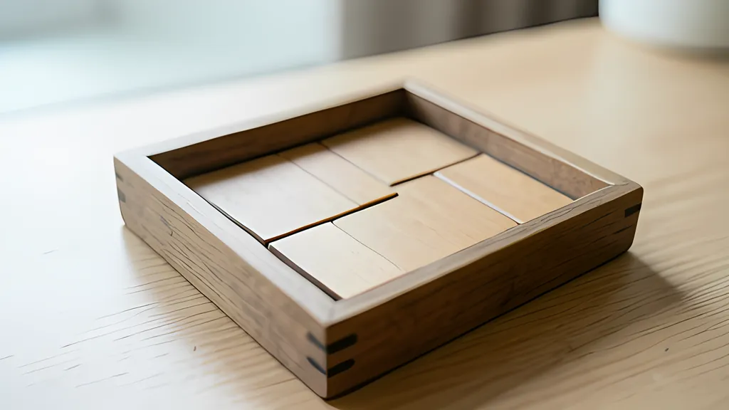A small square wooden tray on a desk holding plain wooden tiles in rows, with one square left empty so the tiles can slide.