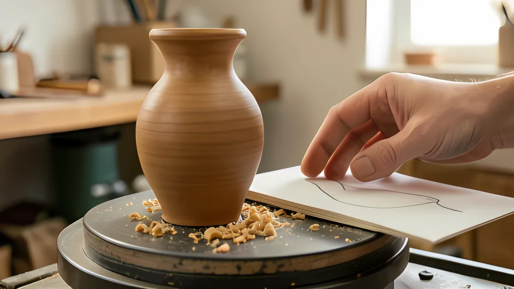 A turned wooden vase on a round wheel with shavings at its base, beside a hand resting on a sheet with a pencilled profile curve, in a sunlit workshop