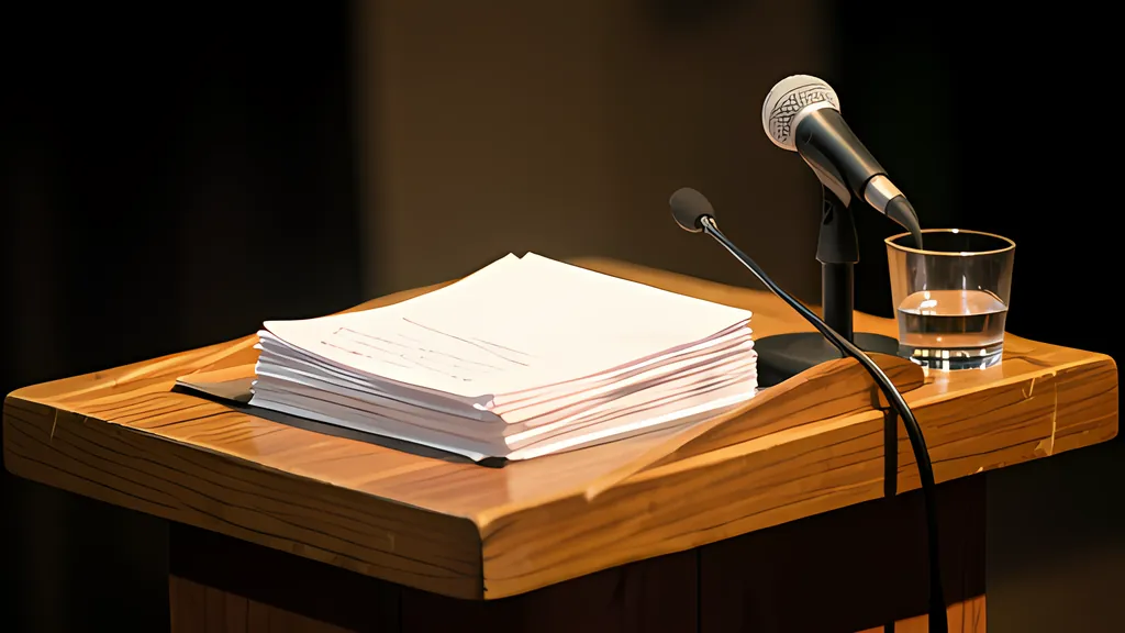 A stack of handwritten index cards on a wooden lectern beside a small microphone and a glass of water, lit by warm stage light.