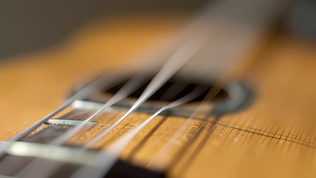 Close-up of guitar strings blurred by vibration above a warm wooden soundboard, with the sound hole out of focus behind them.
