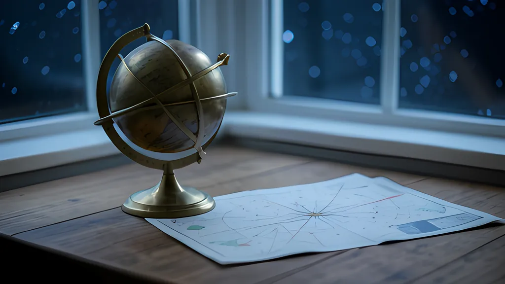 A brass celestial globe on a stand and a folded star map on a wooden table beside a window at night, in cool blue light