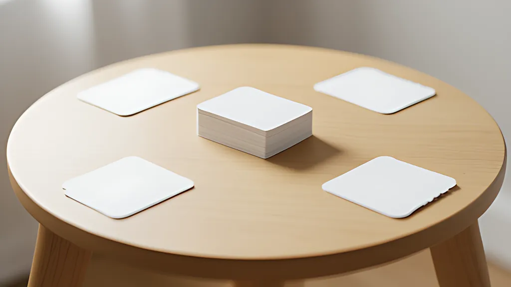 A round blank table with small fans of rounded cards at four places and a soft stack of cards in the middle, in teal and coral.