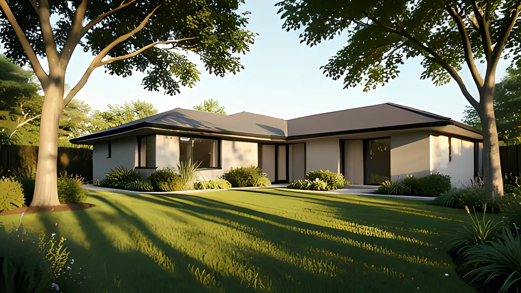A low single-story house on a lawn in late-afternoon sun, with long tree shadows stretching across the grass toward the viewer