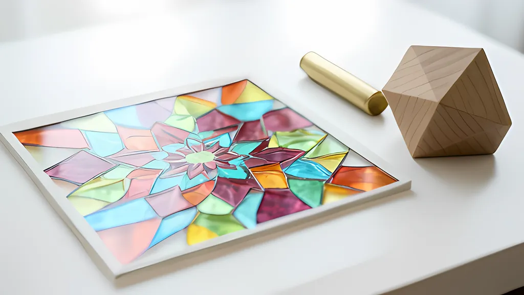A square tray of colored glass pieces arranged in a kaleidoscope pattern around a flower-like center, beside a brass tube and a wooden faceted solid on a white table.
