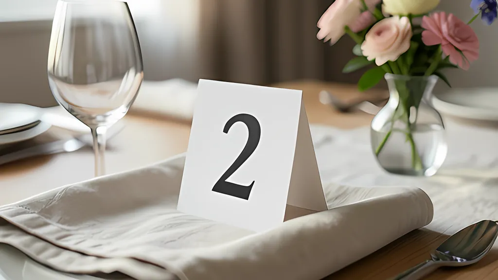 A white folded tent card showing a large number two, standing on a linen napkin on a set table beside a wine glass and a small vase of pink flowers.