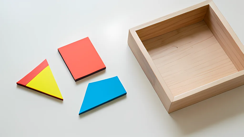 A few brightly colored flat puzzle pieces with straight edges lying on a pale desk beside the empty square wooden tray they are stored in.