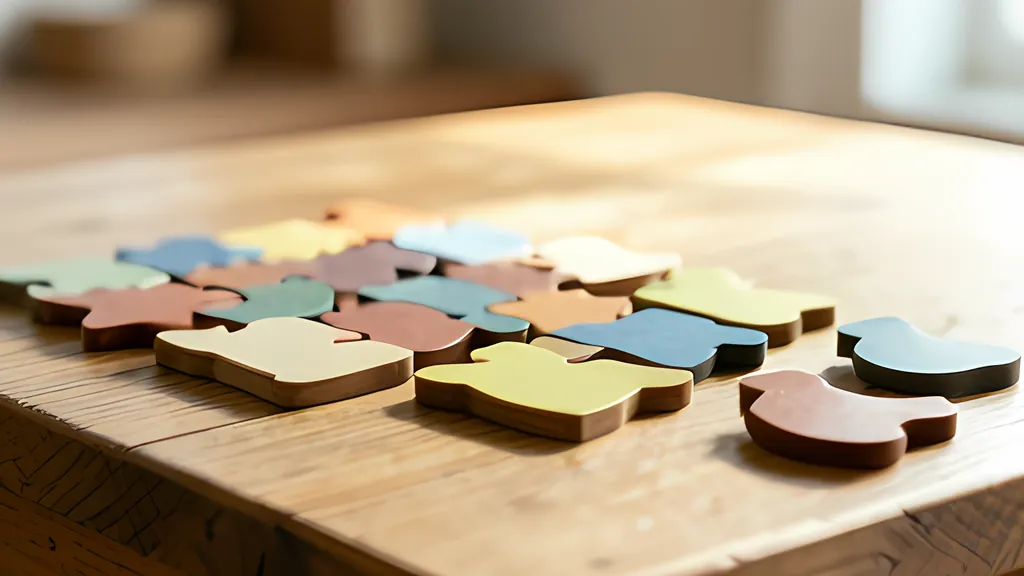 Thick wooden tiles with curved, interlocking outlines in soft blue, yellow, pink and green on a wooden table in daylight, two of them lying apart from the rest