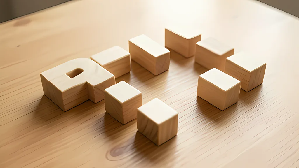 Small wooden cubes arranged on a table to form large blocky letters, seen from above at an angle in warm light.