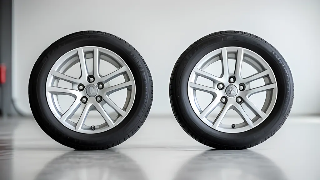 Two car wheels with five-spoke alloy rims and black tires standing upright side by side on a polished garage floor
