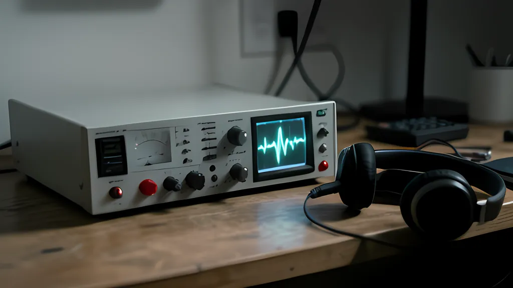 A grey bench signal generator with knobs and a small glowing screen showing a waveform, beside black headphones on a wooden desk.