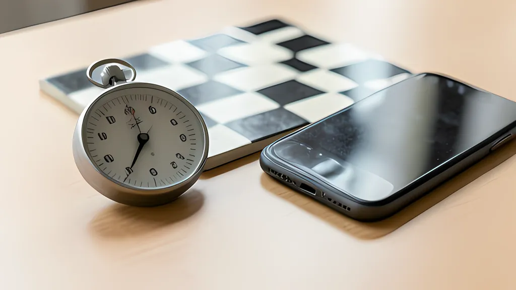 A pocket stopwatch standing on a wooden desk in front of a black and white checkered ceramic tile, beside a dark phone lying flat.