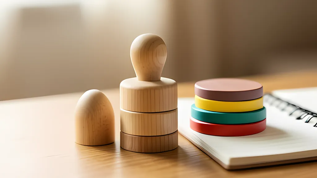 A wooden tower puzzle with three pegs and a stack of colored wooden discs on a desk beside an open notebook in warm light.