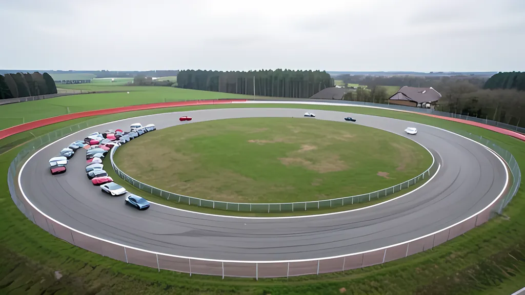 An aerial view of an oval test track around a grass field under an overcast sky, with a few cars spaced out on the far side and a tight cluster bunched on the left bend
