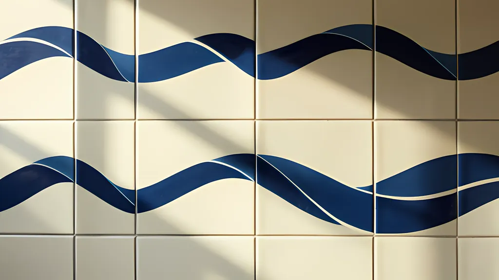 A wall of square cream tiles, each printed with two curved deep blue bands that join across the tiles into winding ribbons, lit from the side.