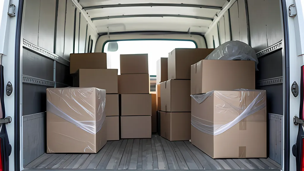 View through the open rear doors of a cargo van at plain cardboard boxes stacked in rows on a wooden floor, two of them wrapped in clear plastic