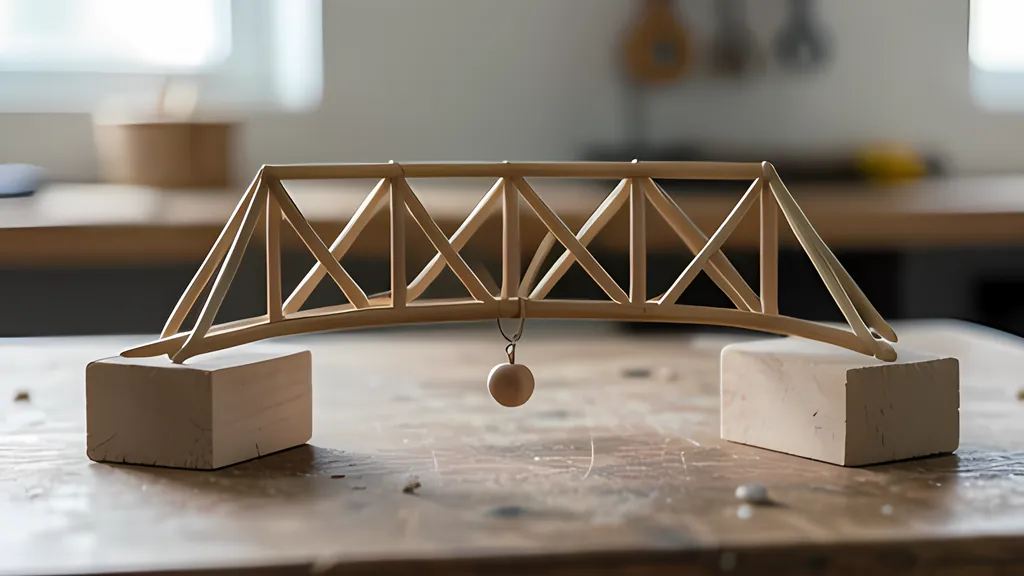 A model truss bridge of wooden sticks spans two blocks on a workbench, with a small weight hanging from the middle of its deck.
