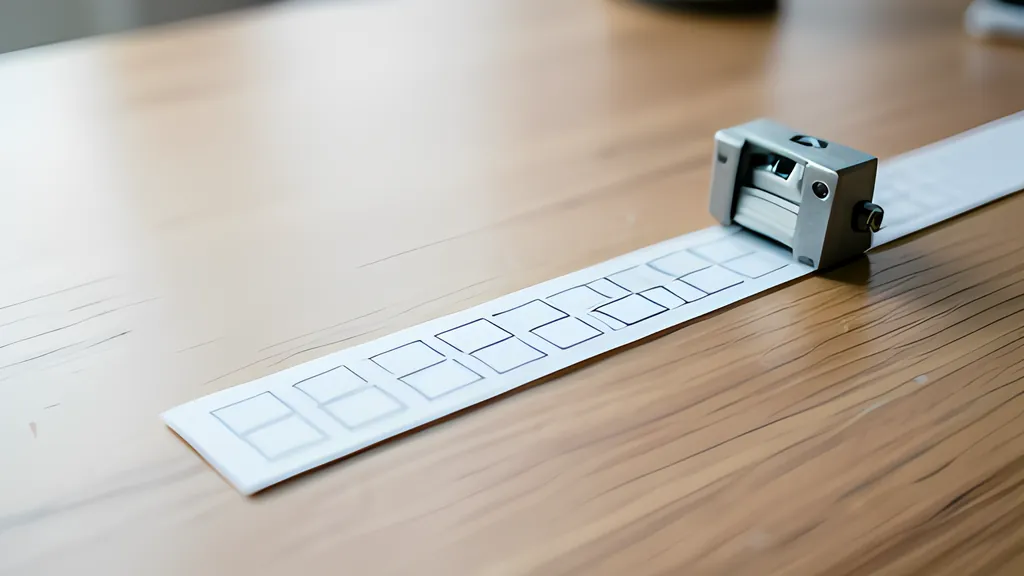 A long strip of white paper printed with square cells lies across a wooden desk and runs through a small grey metal reading head.