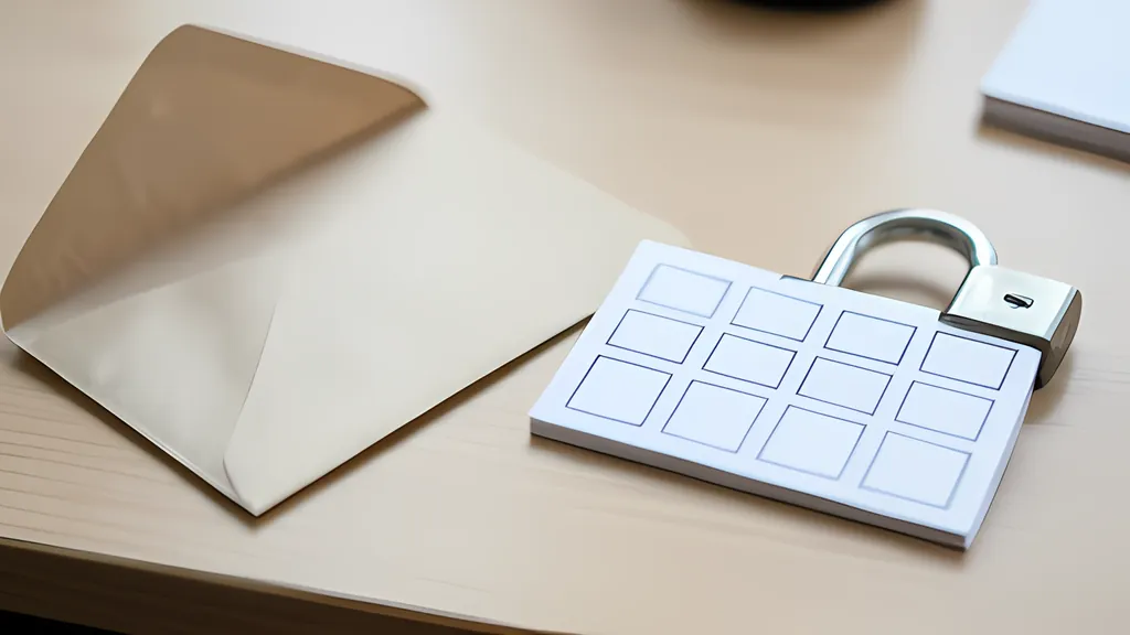 A white card with rows of empty boxes on a wooden desk, beside an open paper envelope and a closed steel padlock.