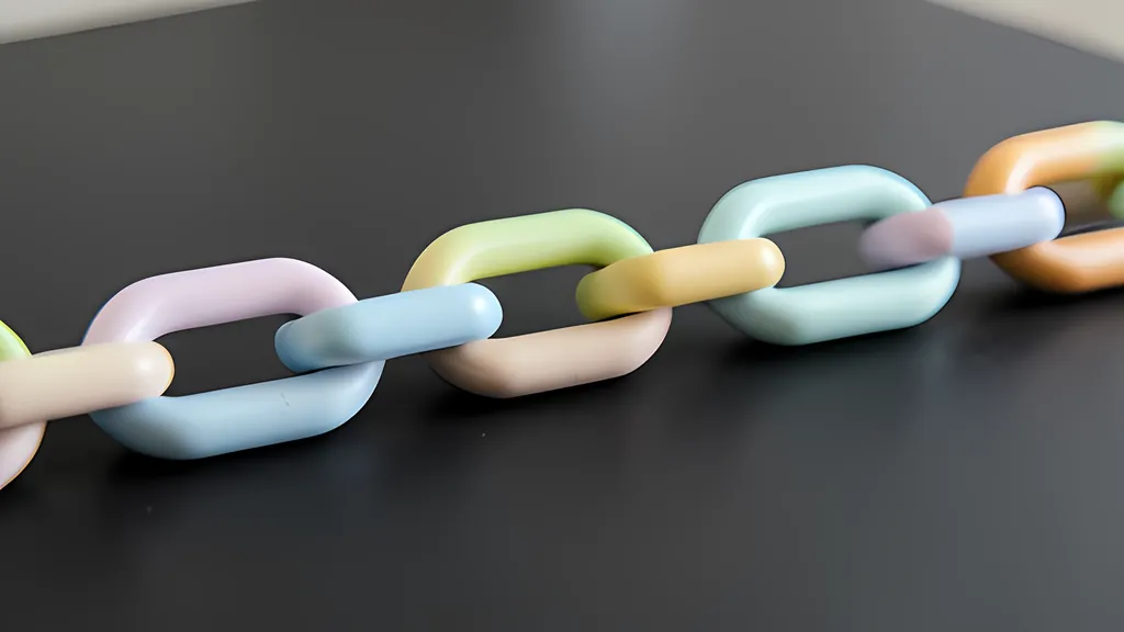 A chain of chunky pastel links in pink, blue, green, yellow and orange lying in a diagonal row across a dark desk.