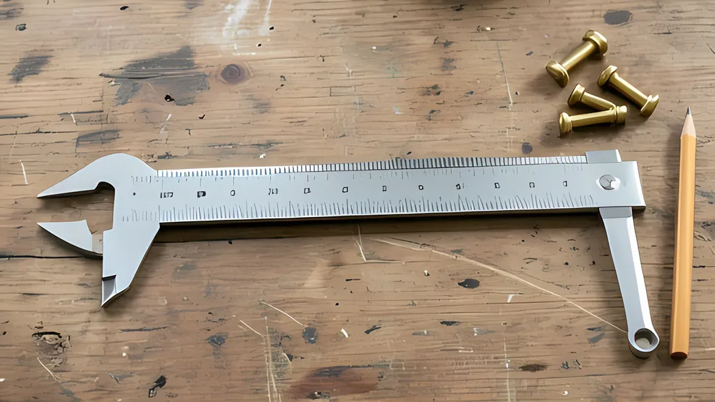 A long stainless steel vernier caliper with two pairs of jaws lying on a wooden workbench beside brass bolts and a pencil