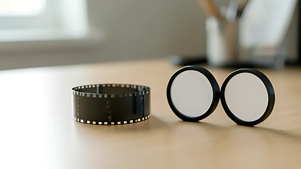 A short loop of dark film strip lying on a pale wooden desk beside two round, black-rimmed blank frames standing on edge.