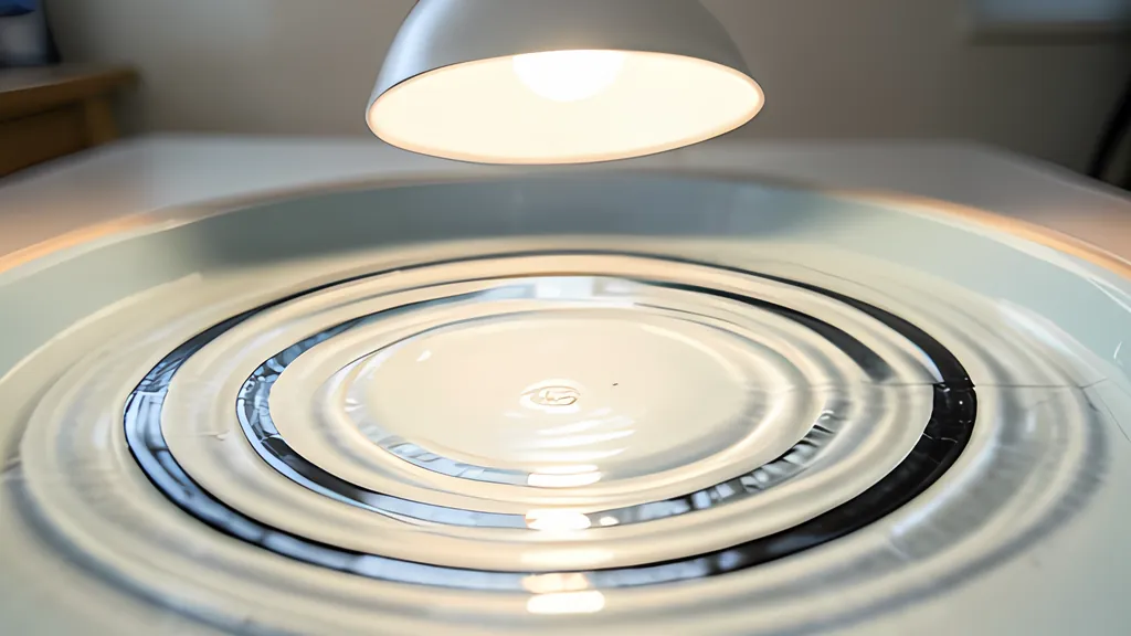 A lamp hangs over a shallow white tank of water in which circular ripples spread outward from a single point