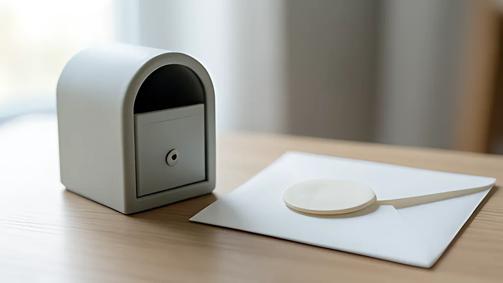 A small rounded grey mailbox on a wooden desk beside a white envelope with a soft, round, pale seal resting on it.