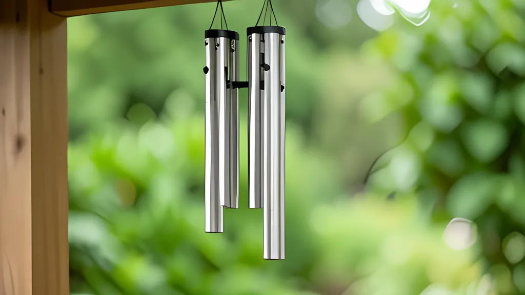 Silver wind chime tubes of different lengths hanging from a wooden porch beam, with a blurred green garden behind them.