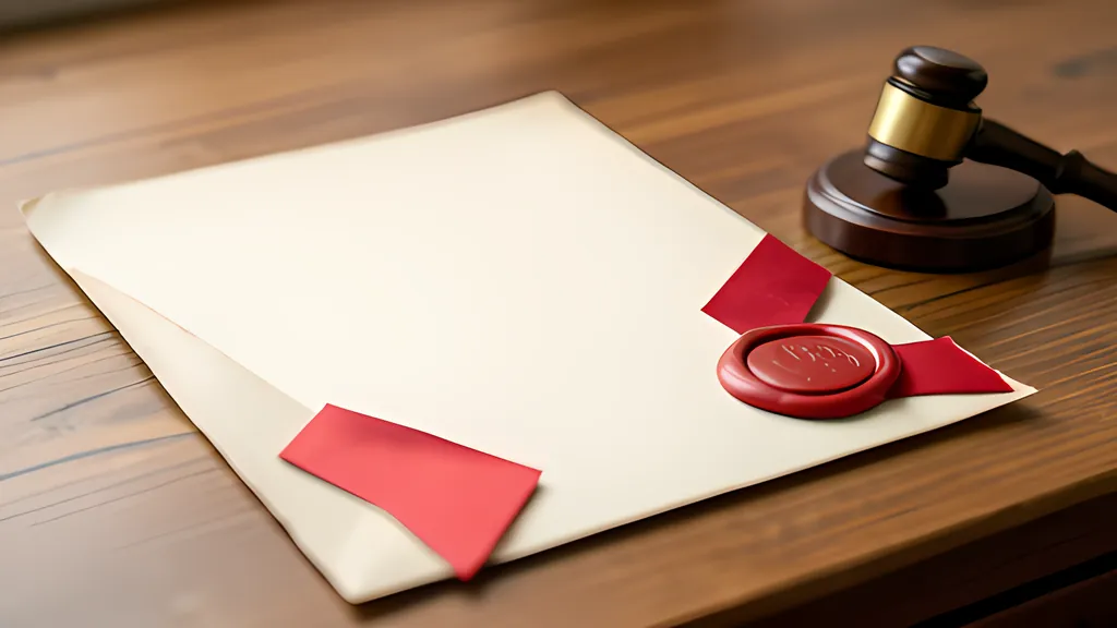 A blank sheet of parchment with a red wax seal and red ribbon lying on a wooden desk beside a wooden stamp with a brass band, in warm light.