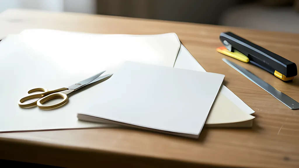 A wooden desk with a folded blank paper booklet lying on large sheets of paper, beside brass-handled scissors, a stapler and a steel ruler.