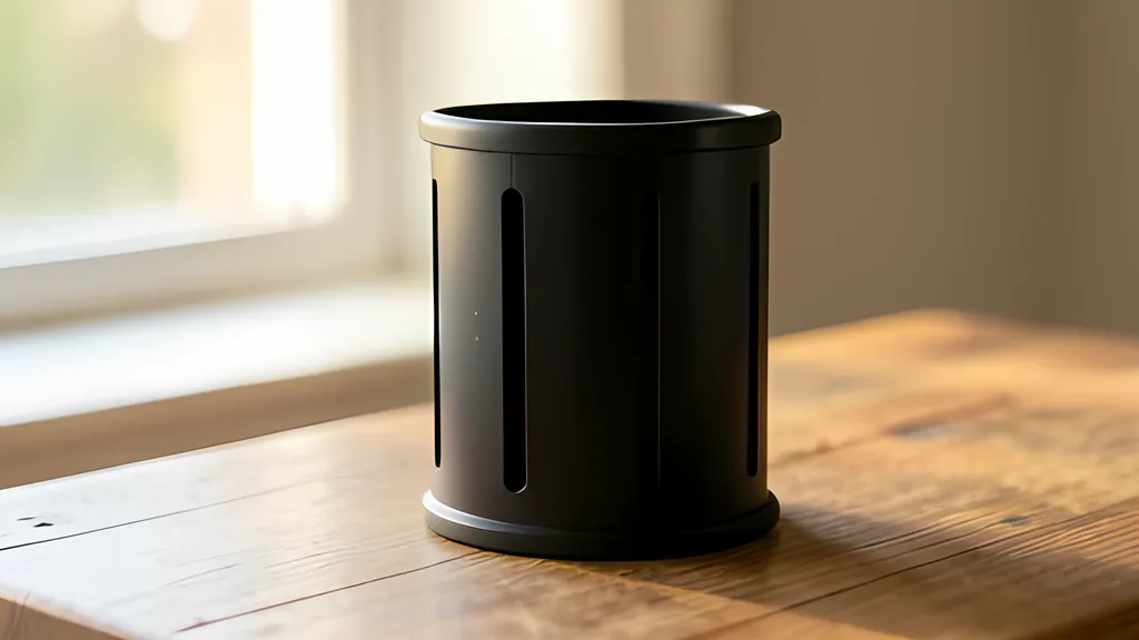 A black cylindrical drum with narrow vertical slits standing on a wooden table beside a window in warm light, with no people in the room.